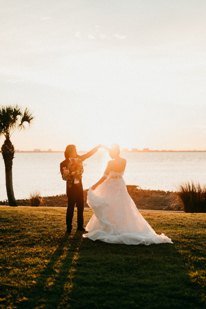 couple-portrait-wedding-Sarasota-Bay-Florida-sunset